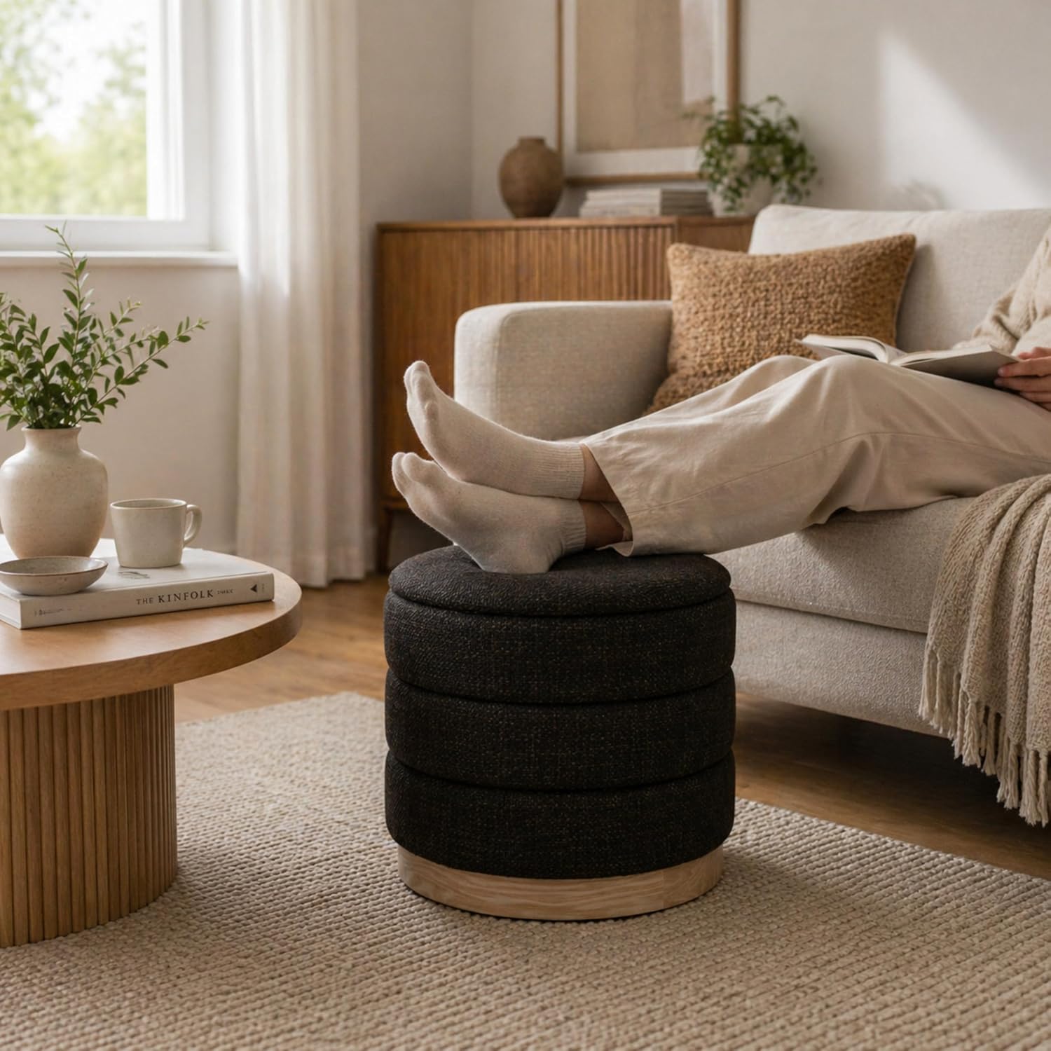 Ottoman Collection Stylish Linen Cylinder Storage Chocolate Round Footrest Vanity Stool Furniture Living Room Small Bench 16' L X16 W X 17' H