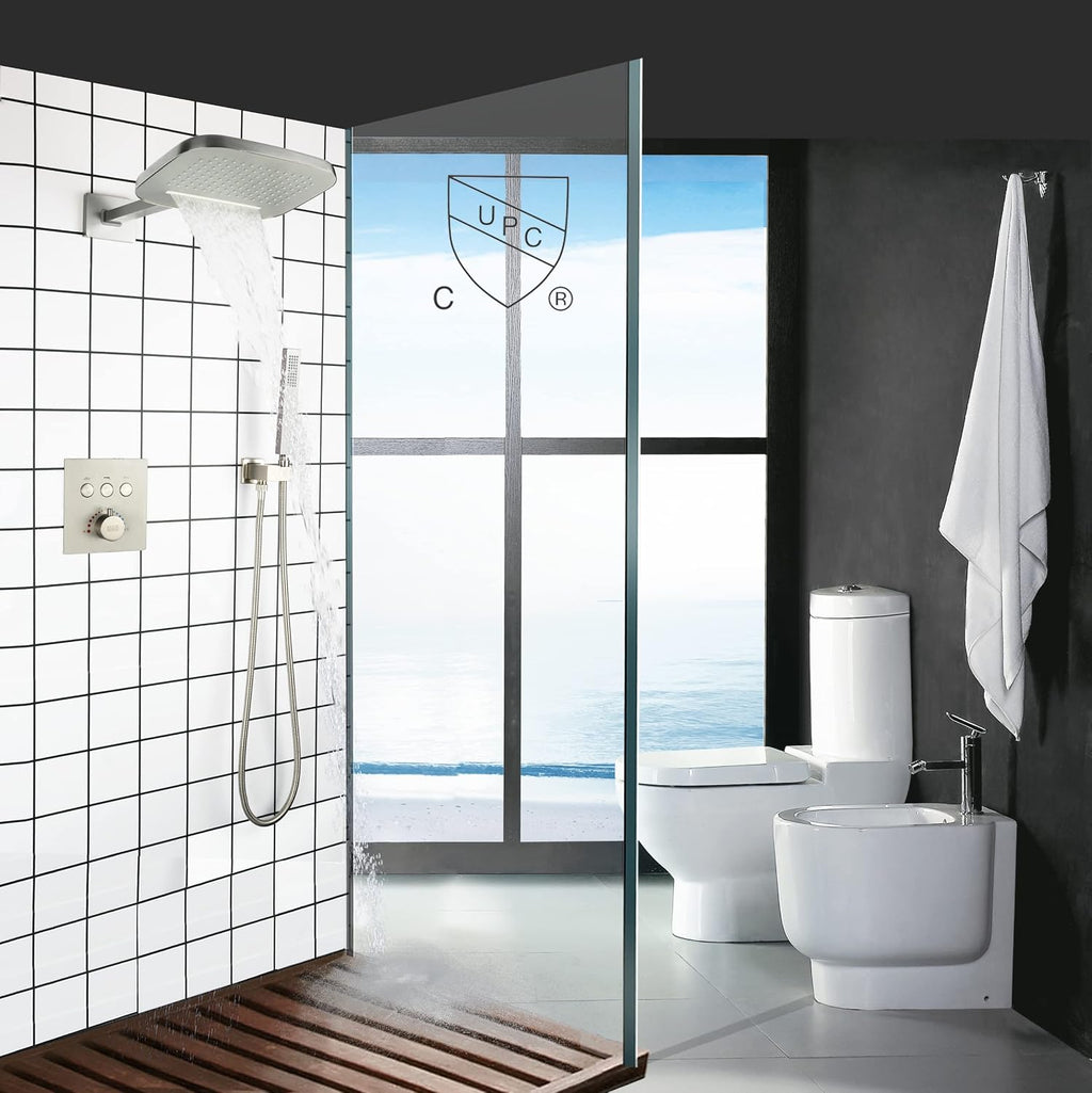 cUPC Certificatin Thermostatic Waterfall Rain Shower System With Headheld Spray Brass Wall Mounted Rainfall Shower Head (Can Use All Options at A Time)