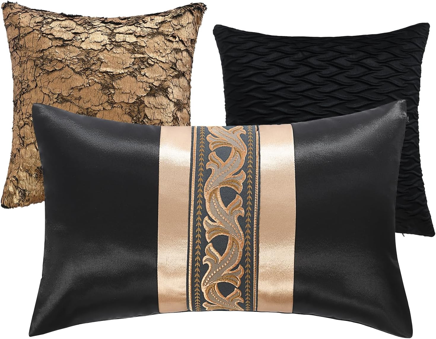 SahSahCasa 7-Piece Luxury King Comforter Set, Bed in a Bag King, Black and Gold Fluffy Jacquard Silky Comforter Bedding Set with Bed Skirt, Decorative Pillows, Elegant Reversible, Down-Alternative