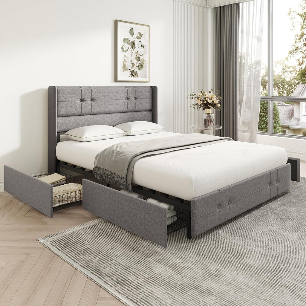 Novilla Upholstered Queen Size Bed Frame Platform with 4 Storage Drawers and Fabric Headboard, Non-Slip and Noise-Free Queen Bed Frame, Strong Wooden Slats, No Box Spring Needed, Grey