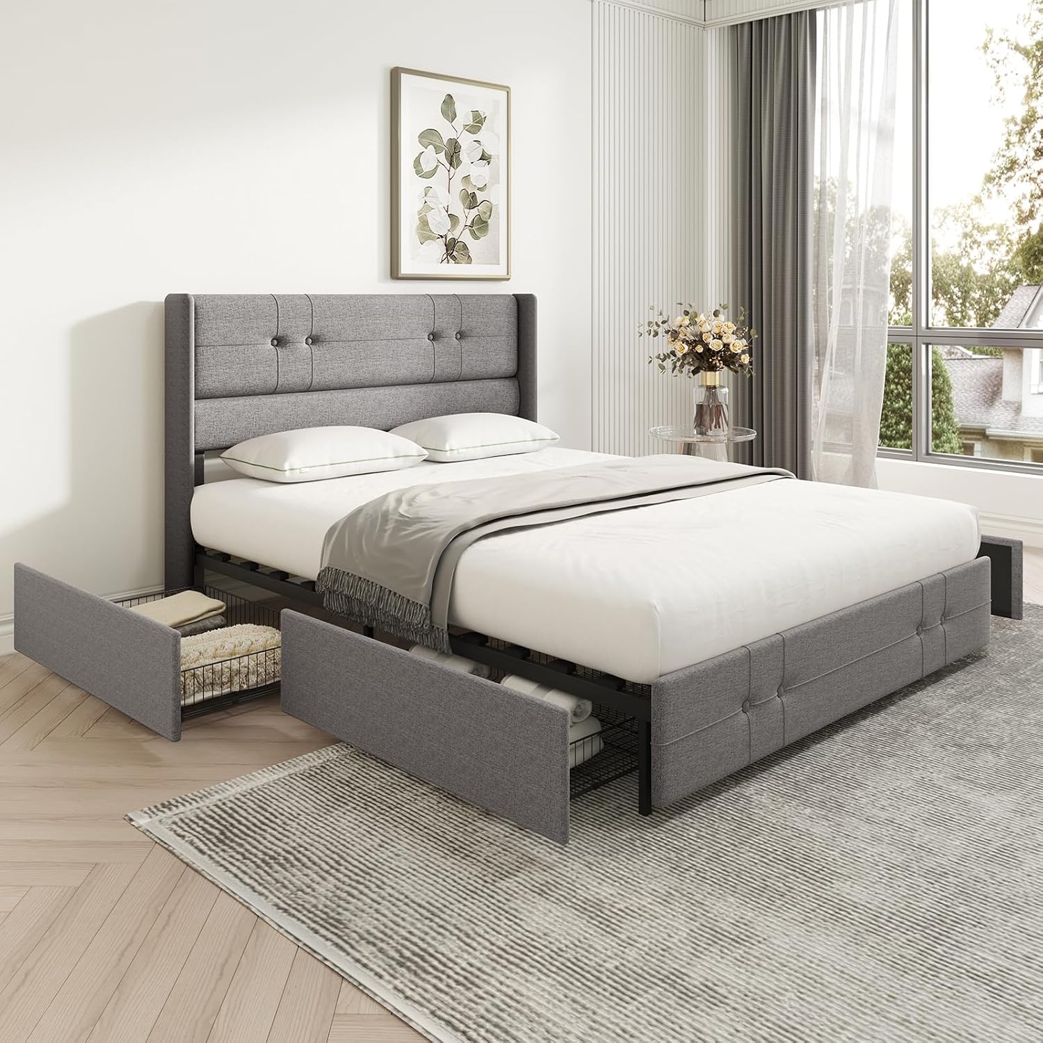 Novilla Upholstered Queen Size Bed Frame Platform with 4 Storage Drawers and Fabric Headboard, Non-Slip and Noise-Free Queen Bed Frame, Strong Wooden Slats, No Box Spring Needed, Grey