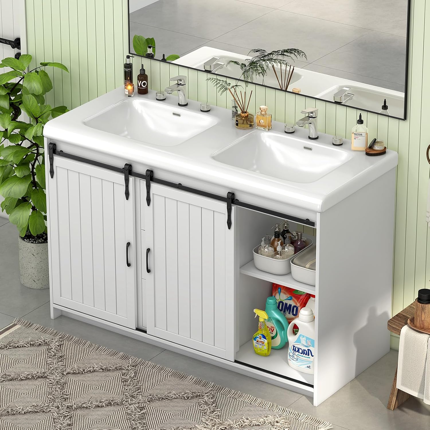 Bathroom Vanity with Double Sinks, 48' Standing Double Vanity with Drawers & Metal Handles, 2 Sink Bathroom Vanity with 4 Shelves, White