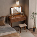 Solid Wood Vanity with Mirror and Lights, Adjustable Brightness, Wood Makeup Vanity with 3 Drawers, Semi-Assembled, Vanity Desk for Bedroom (Walnut)