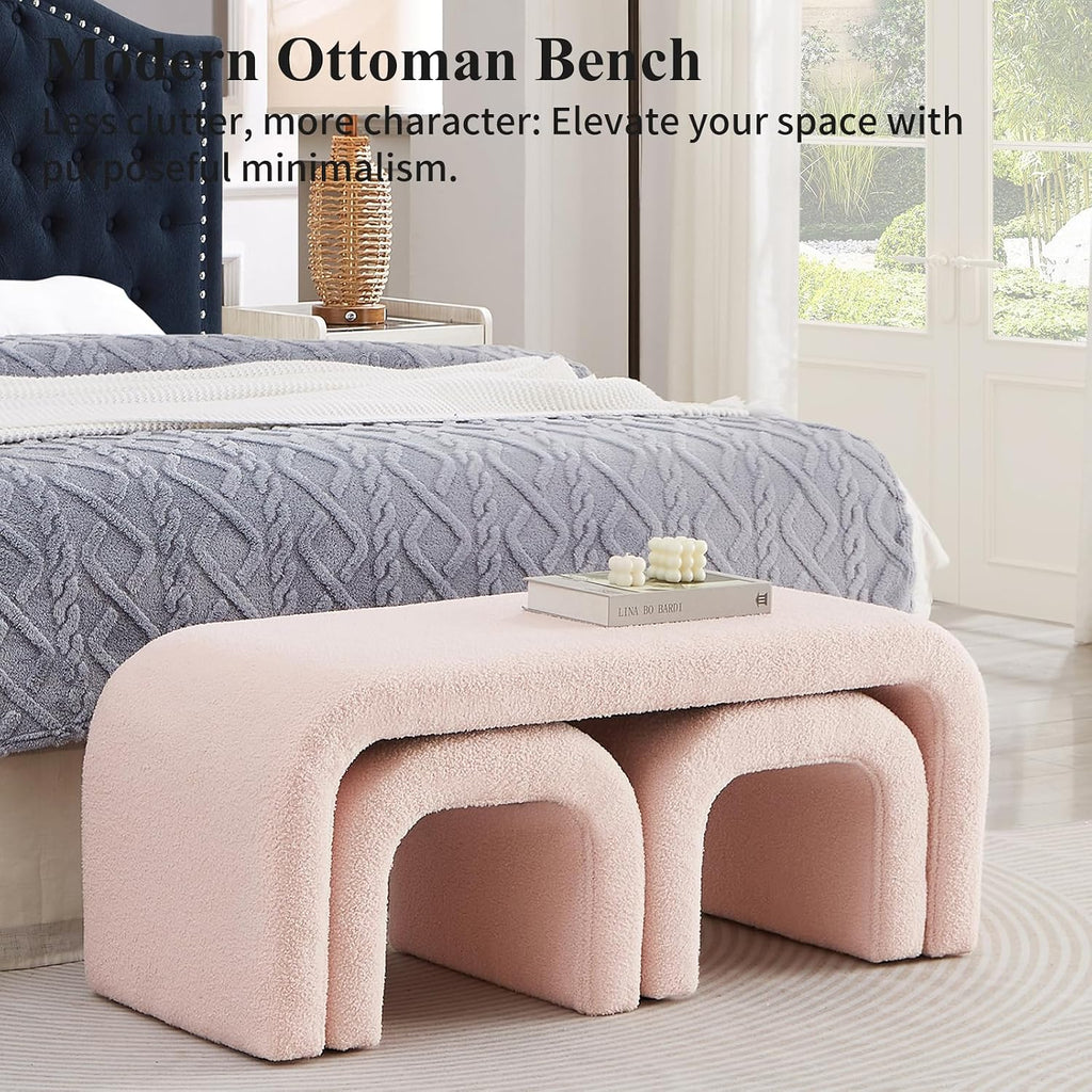 3-Piece Modern Ottoman Bench Set, 44' Wide Teddy Upholstered End of Bed Bench with 2 Foot Stools, Padded U-Shaped Entry Bench Vanity Stool for Living Room Bedroom (Pink)