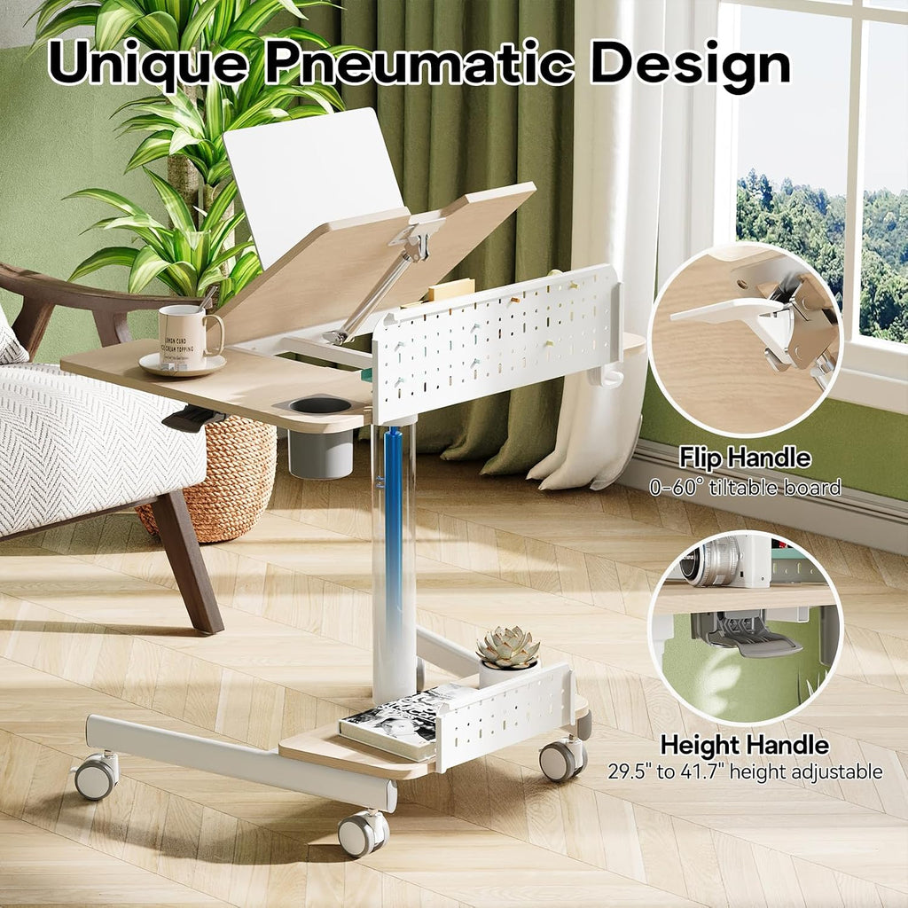 JOY worker Mobile Standing Desk with 60° Tiltable Desktop, 28' Height Adjustable Rolling Desk, DIY Pegboard & Storage Base, Portable Laptop Desk with 4 Lockable Wheels for Home Office, Oak