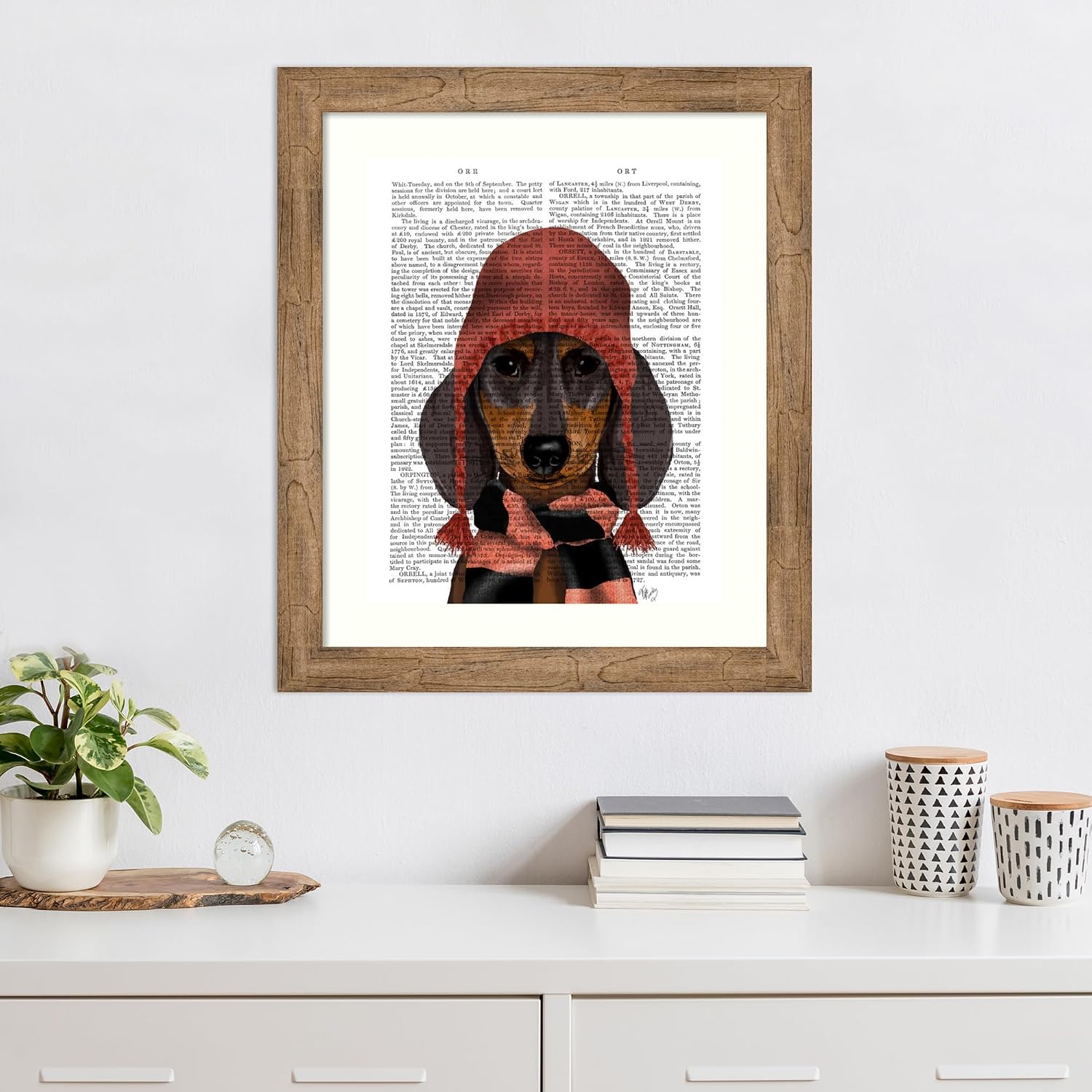 Amanti Art Framed Wall Art Print 28x24 Dachshund in Pink Hat and Scarf by Fab Funky, Animals Wall Art, Vintage Decor, Medium Poster Painting Artwork for Living Room, Bedroom, Bathroom, Kitchen,