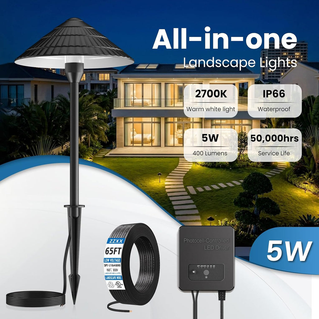 ZZXX All-in-One Low Voltage Landscape Lighting Kit 8-Pathway Lights with 96W Transformer, 5W Dusk to Dawn Outdoor Lighting, IP66 Waterproof LED Landscape Lights, Outdoor Lights 2700K for Yard Patio