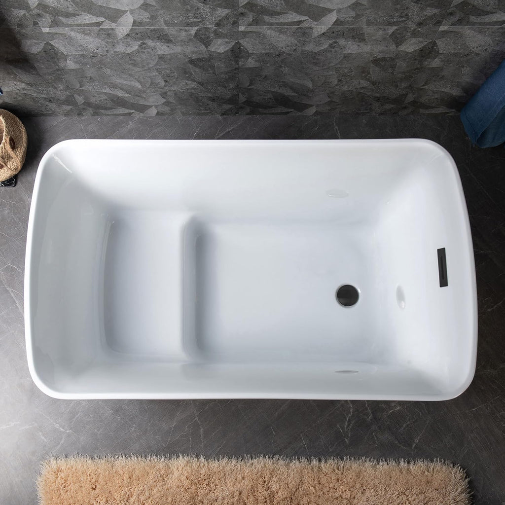 WOODBRIDGE 48' Acrylic Freestanding Square Shape Janpanese Soaking Tub with Pre-molded Seat and Matte Black Pop-UP Drain and Overflow Option, Black, B1870-MB