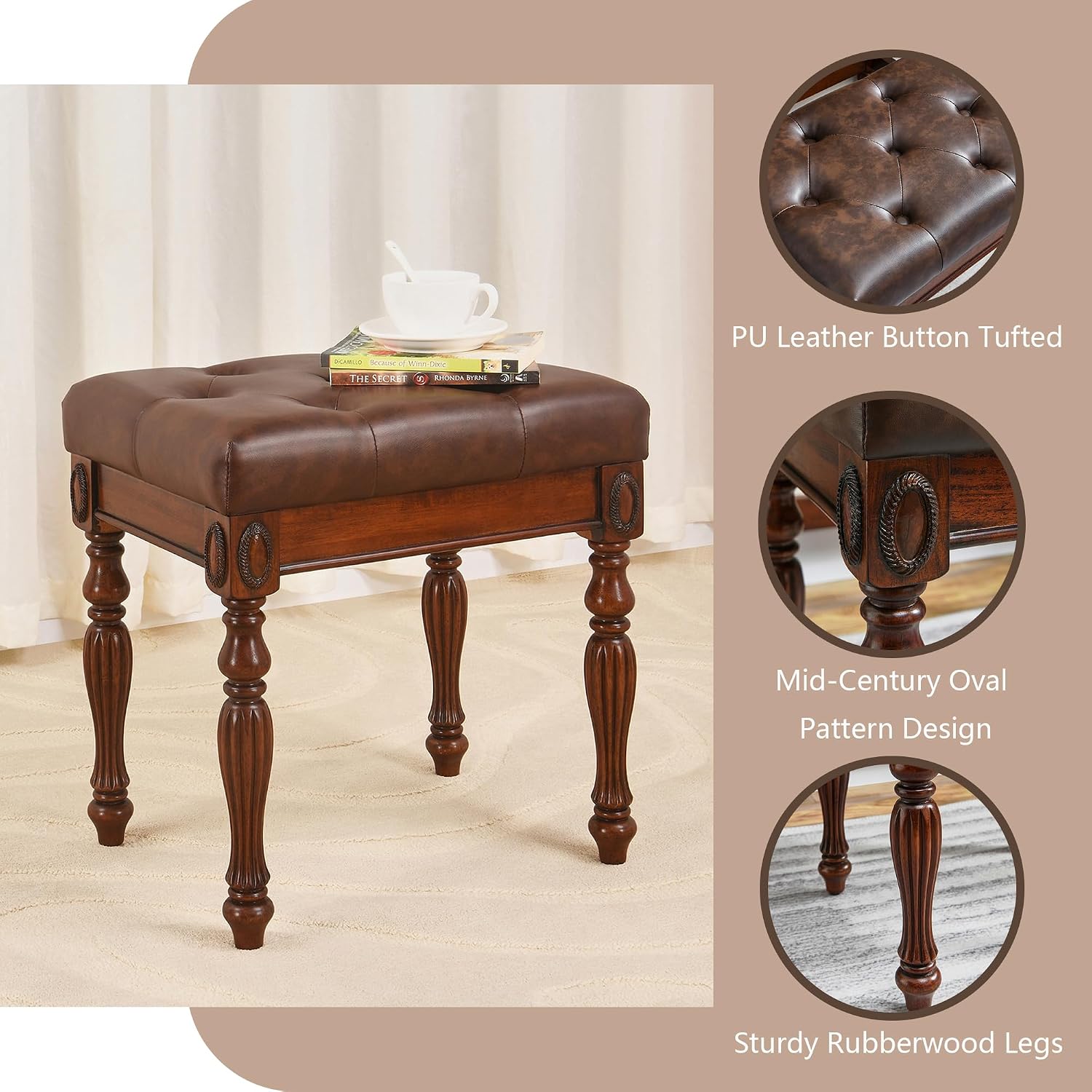 Solid Wood Makeup Vanity Table Set, 46.1' Large Dressing Vanity Table with 2 Drawers and Vanity Bench Stool Writing Desk with Solid Wood Legs & Button Tufted Cushioned Stool, Cherry&Brown