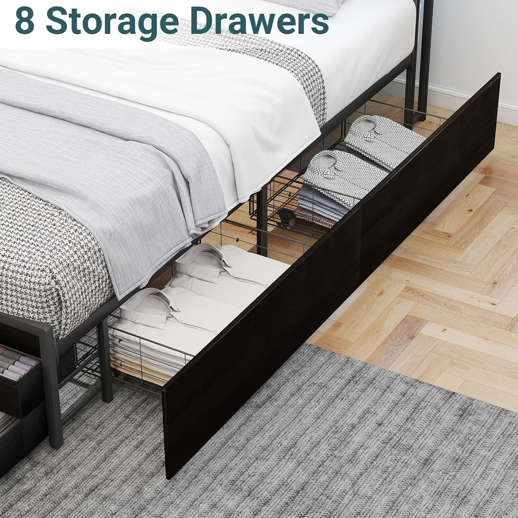 Zevemomo Full Bed Frames with Headboard, Full Size Storage Bed Frame with 8 Drawers, Built-in Charging Ports & Outlets, Adjustable Atmospheric LED Lights, Full-Size Metal Foundation Beds Base, Black