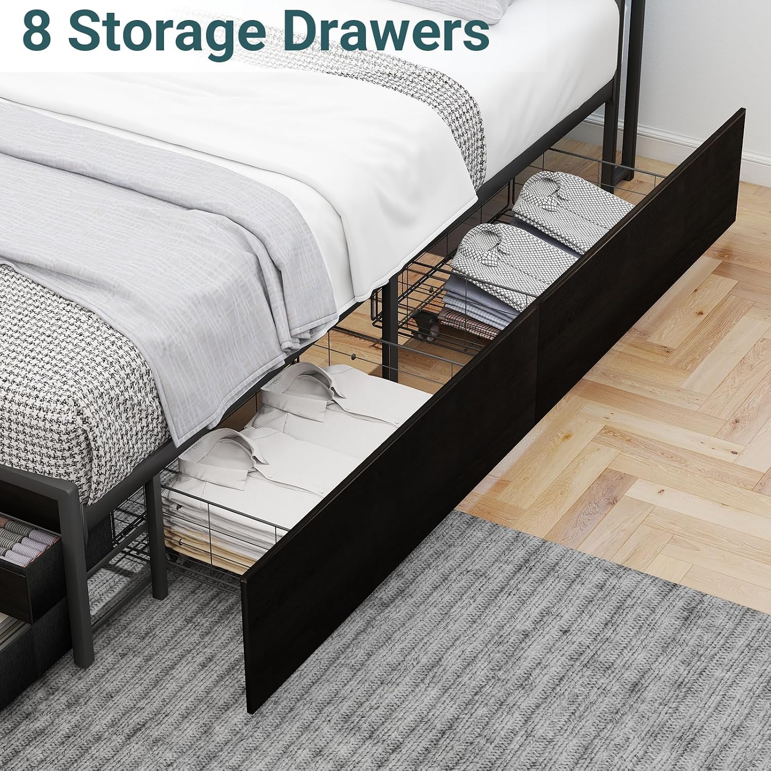 Zevemomo Full Bed Frames with Headboard, Full Size Storage Bed Frame with 8 Drawers, Built-in Charging Ports & Outlets, Adjustable Atmospheric LED Lights, Full-Size Metal Foundation Beds Base, Black