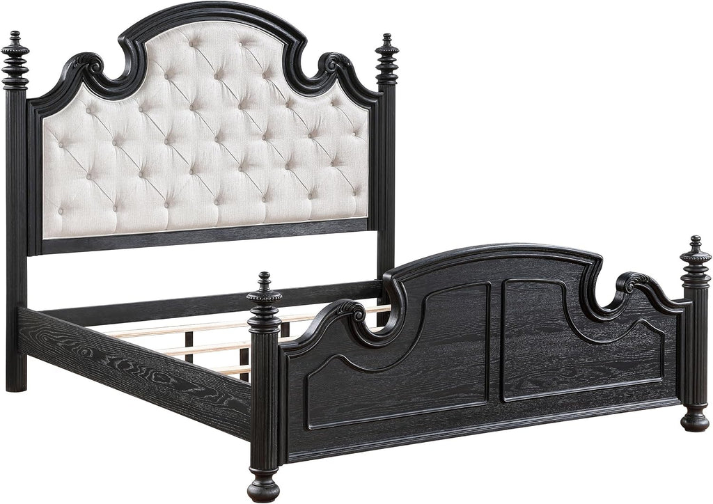 Coaster Home Furnishings Celina Traditional 4-Piece Bedroom Set Fabric Upholstered Queen Size Four-Poster Bed Frame 67-inch Headboard Black 224761Q-S4