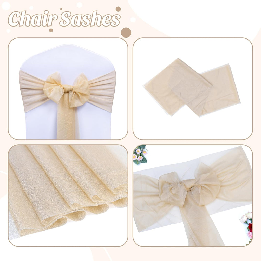 MDS® Pack of 100 Chiffon Chair Sashes Bows for Wedding Events Supplies, Decorations for Birthday Party, Graduation, Engagement, Chair Sashes fits Banquet Chair Cover Tie Back Band - Champagne Gold