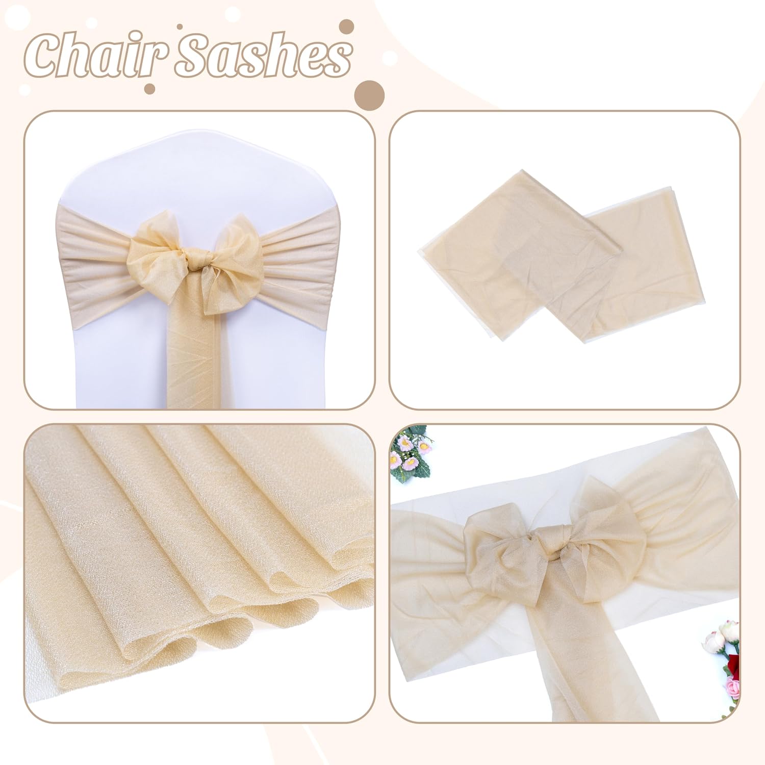 MDS® Pack of 100 Chiffon Chair Sashes Bows for Wedding Events Supplies, Decorations for Birthday Party, Graduation, Engagement, Chair Sashes fits Banquet Chair Cover Tie Back Band - Champagne Gold