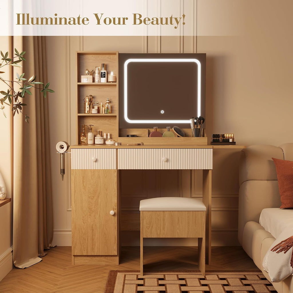 Patikuin Vanity Desk with Mirror and Lights, Natural Makeup Vanity with Charging Station, Dressing Table Set with Storage Chair, Drawer Shelves, and Foldable Panel for Compact Space Bedroom, Natural