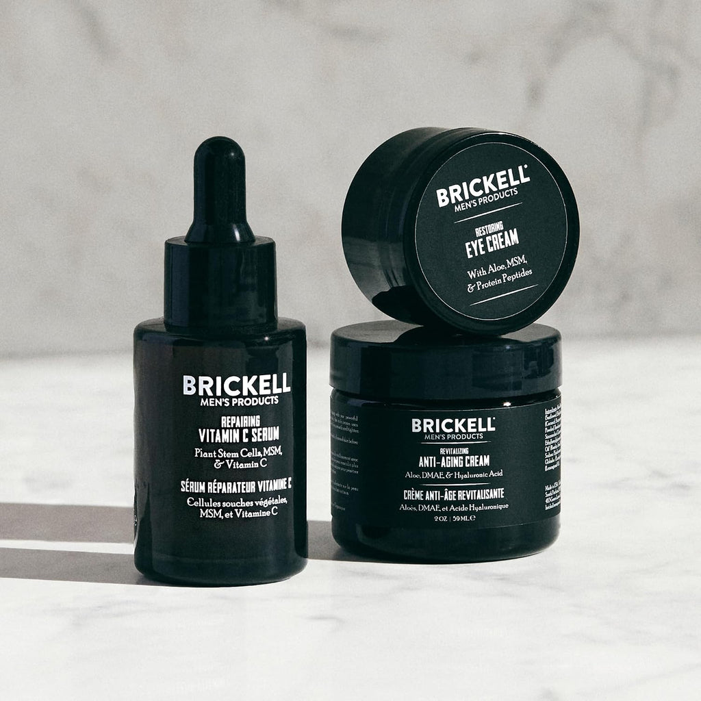 Brickell Men's Advanced Anti-Aging Routine, Night Face Cream, Facial Serum and Eye Cream, With Hyaluronic Acid, Vitamin C, and MSM, Scented, Skin Care Gift Set