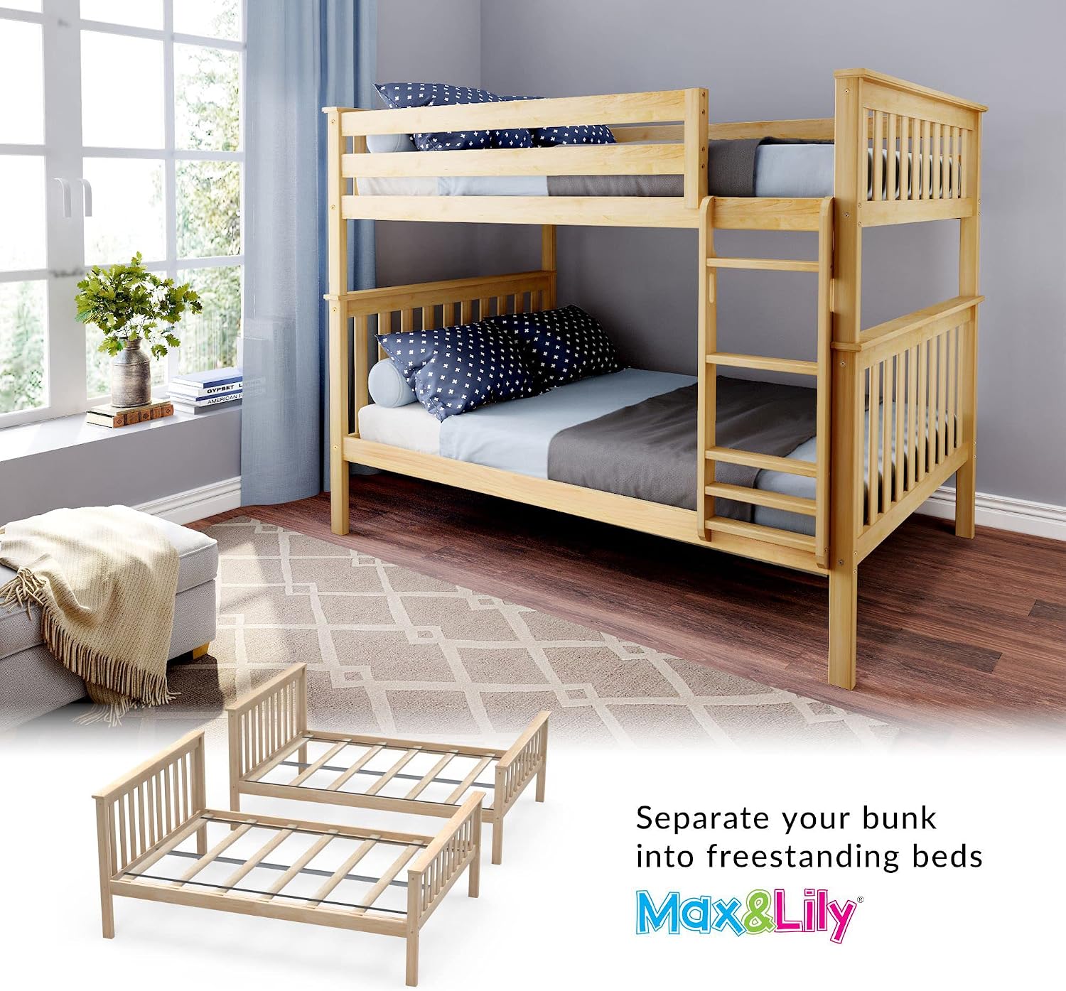 Max & Lily Full Over Full Bunk Bed with Ladder, Solid Wood Platform Bed Frame for Kids, 14' Safety Guardrails, Easy Assembly, No Box Spring Needed, Natural