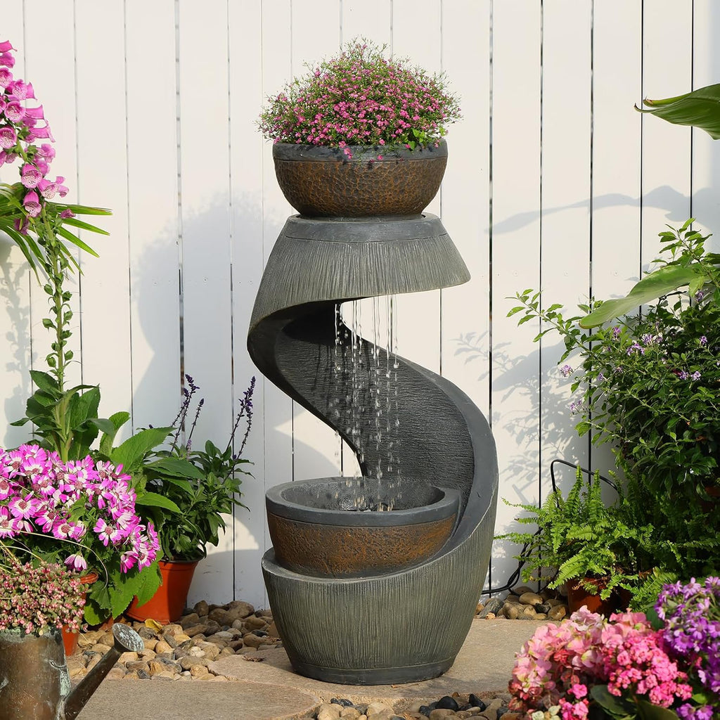 Sunlinua 31.9' S-Shaped Water Outdoor Fountain–Modern Cascading Waterfall Feature with LED Lights & Planter Bowl, Garden Fountains Outdoor for Patio, Balcony, Yard or Home Decor, Resin Waterfall