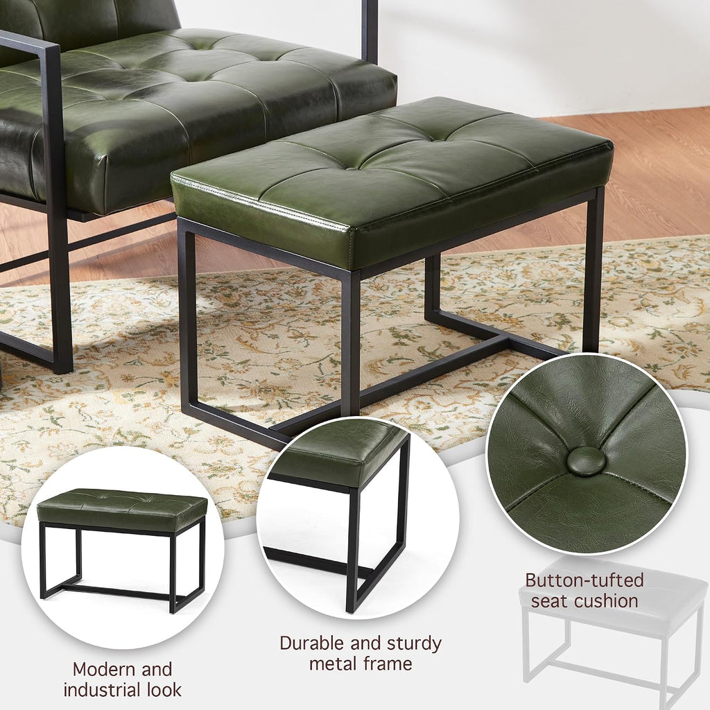Glitzhome Ottoman Bench Pack of 2, Modern PU Leather Vanity Stools Chairs with Metal Frame, Makeup Stool Padded Foot Rest Stool for Living Room Vanity, Entryway, Bathroom,Green
