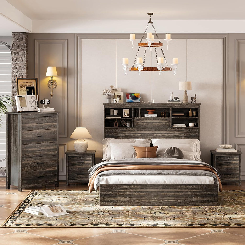 4 Pieces Bedroom Sets, Queen Size Vintage Wooden Platform Bed Frame with 2 Nightstands and 1 Chest, Antique Gray