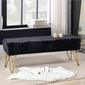Black Soft Rectangle Faux Fur Long Ottoman Entryway Bench Furry Footrest Stool 46'x16'x17' Sturdy Accent Bench for Bedroom at The End of Bed Fuzzy Coffee Table Living Room Closet Golden Leg