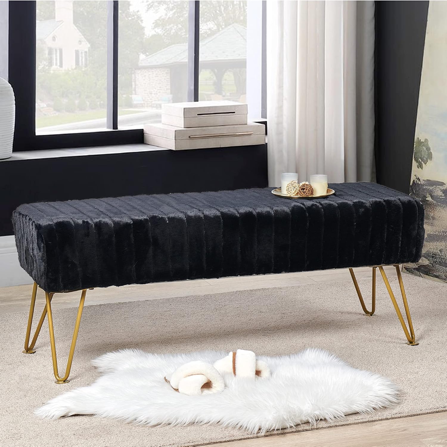 Black Soft Rectangle Faux Fur Long Ottoman Entryway Bench Furry Footrest Stool 46'x16'x17' Sturdy Accent Bench for Bedroom at The End of Bed Fuzzy Coffee Table Living Room Closet Golden Leg