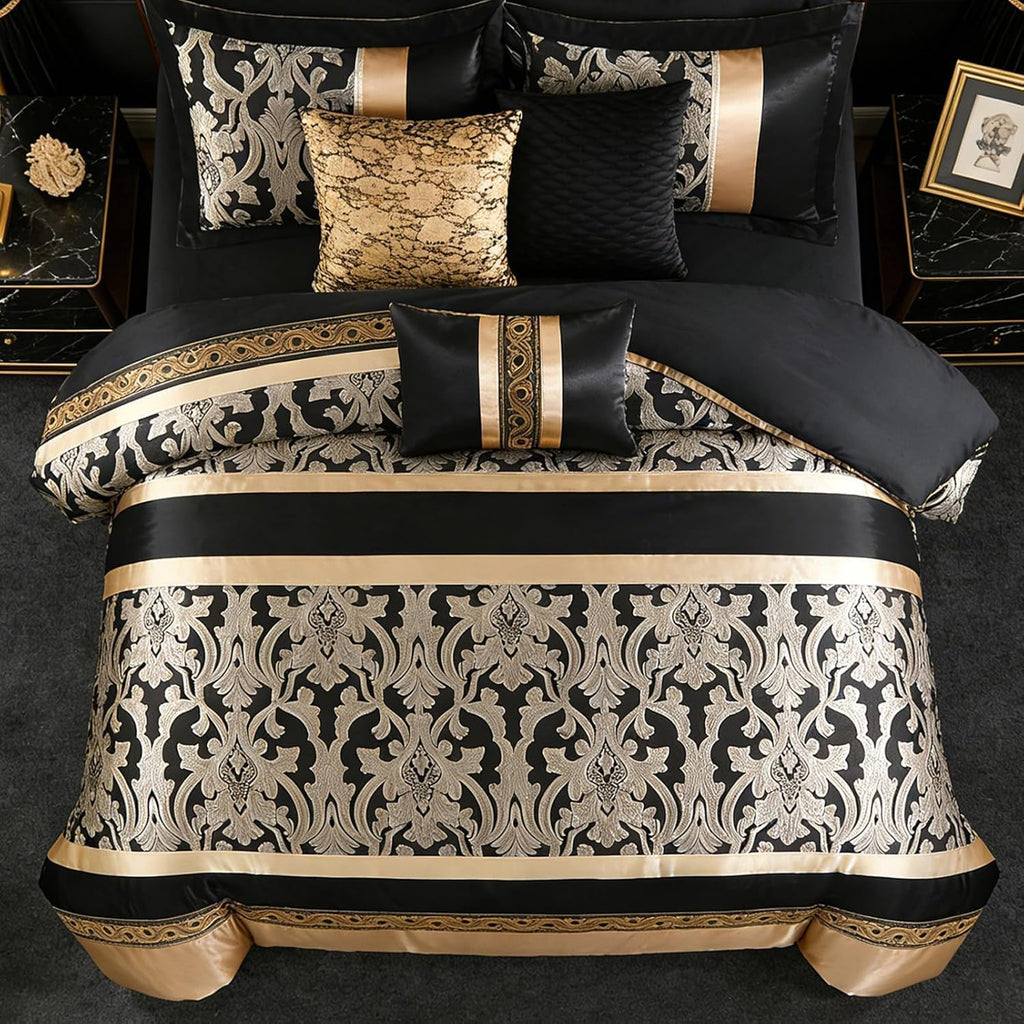 SahSahCasa 7-Piece Luxury King Comforter Set, Bed in a Bag King, Black and Gold Fluffy Jacquard Silky Comforter Bedding Set with Bed Skirt, Decorative Pillows, Elegant Reversible, Down-Alternative