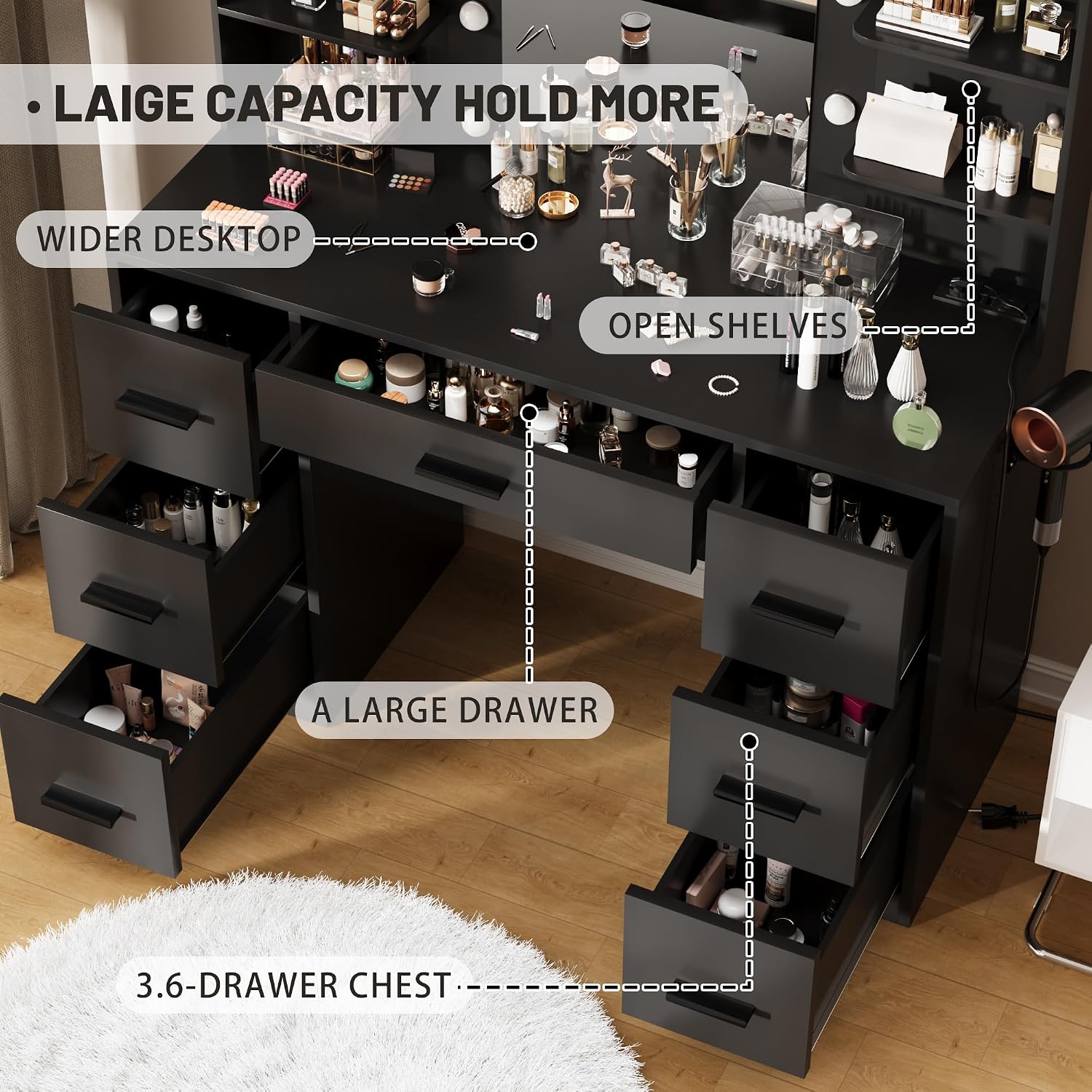 Furmax Vanity Desk with Mirror, LED Lights and Power Outlet Makeup Vanity Table with 7 Drawers and 6 Storage Shelves Dressing Table for Bedroom Dressing Room (Black)