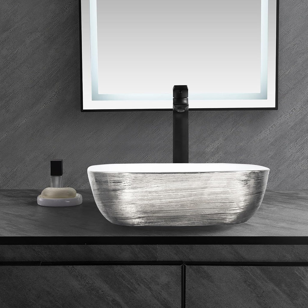 Strictly Sinks 19 Inch Bathroom Vessel Sink – Rectangular Silver & White Porcelain Countertop Bathroom Sink – Easy to Install Above Counter Luxurious Vessel Sink for Bathroom (19-3/4″ W x 16″ L x 6″H)