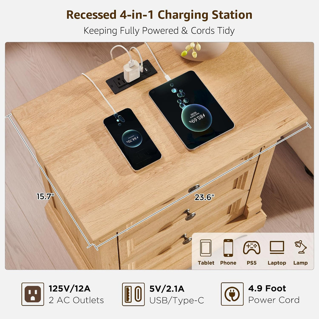 T4TREAM 24' Wide 3 Drawer Dressers, Farmhouse 26' Tall Bedside Side Table with 3 Drawers, Wooden Side Table with Roman Column, End Table for Bedroom, Living Room, Hallway, Oak