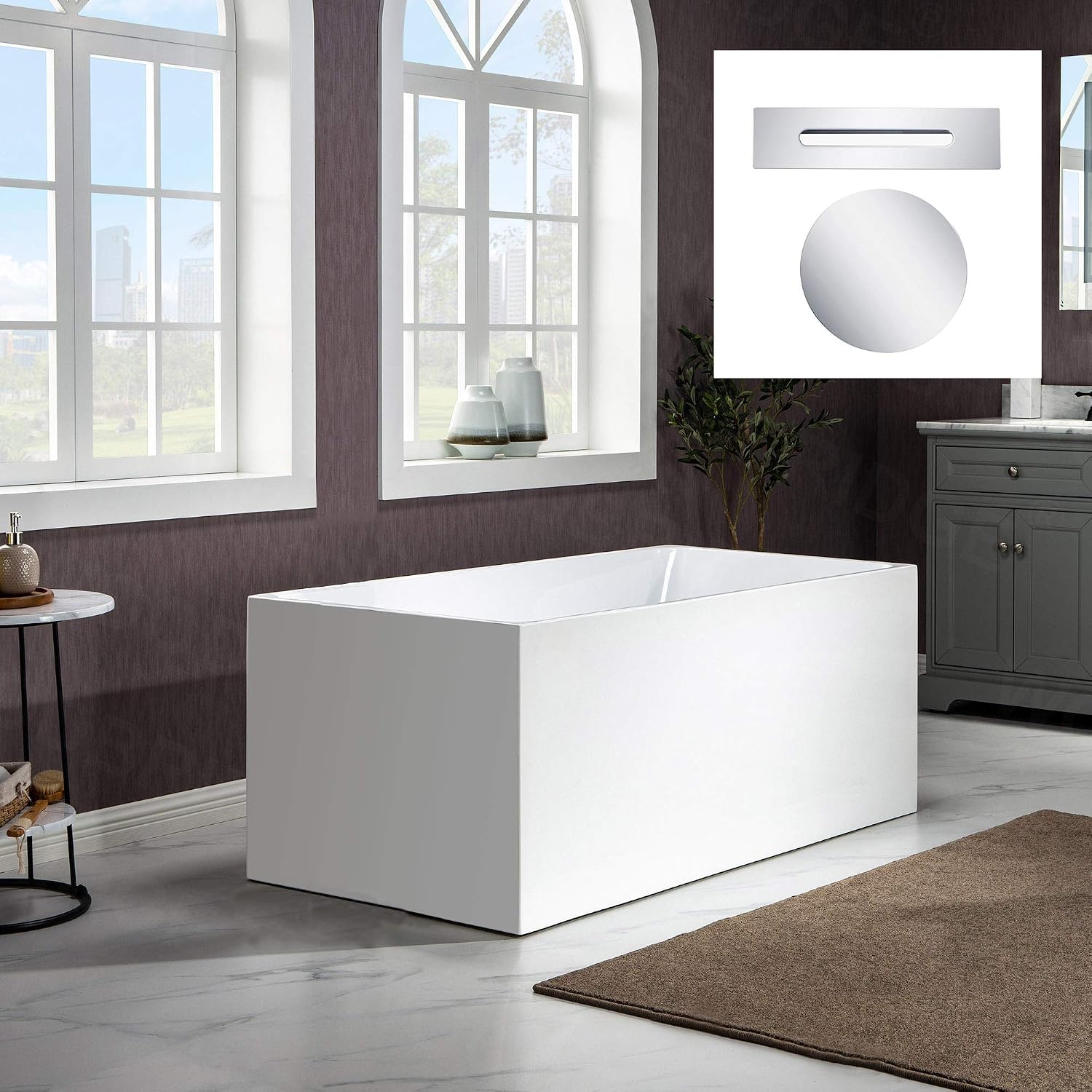 WOODBRIDGE 67' Acrylic Freestanding Bathtub Contemporary Soaking White Tub with Chrome Overflow and Drain，B0086-C-Drain&O