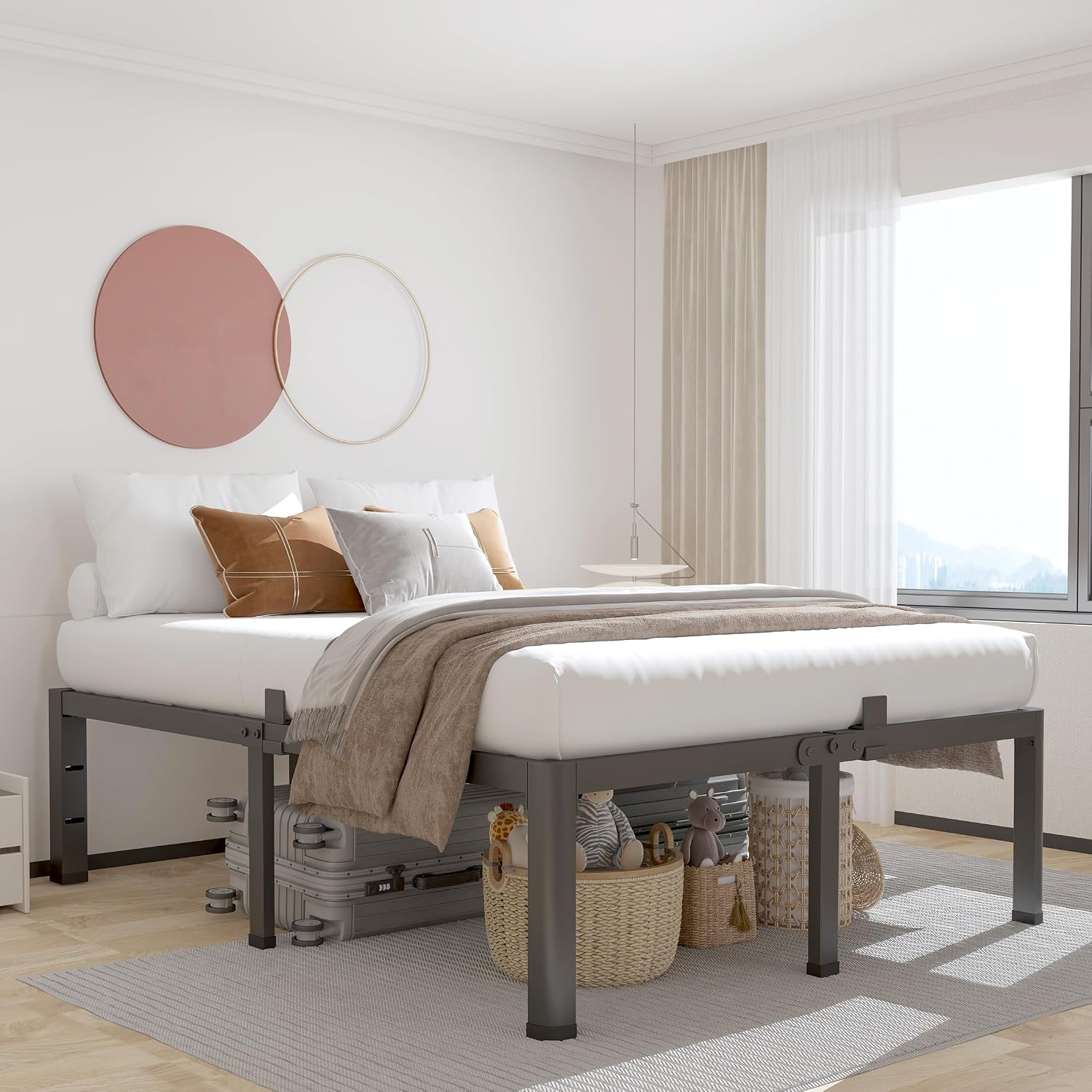 ROIL 18 Inch California King Bed Frame with Rounded Corner and Headboard Hole Mattress Retainers 3500LBS Metal Heavy Duty Steel Slats No Box Spring Needed Platform Noise-Free Easy Assembly