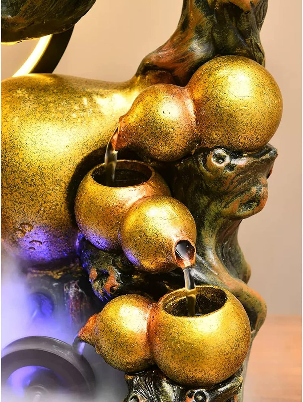 Tabletop Fountain Tabletop Water Fountain Resin Relaxation Meditation Desktop with Golden Gourd and Artificial Bonsai Design, Indoor Waterfall Feature for Home Office Decor(Large)