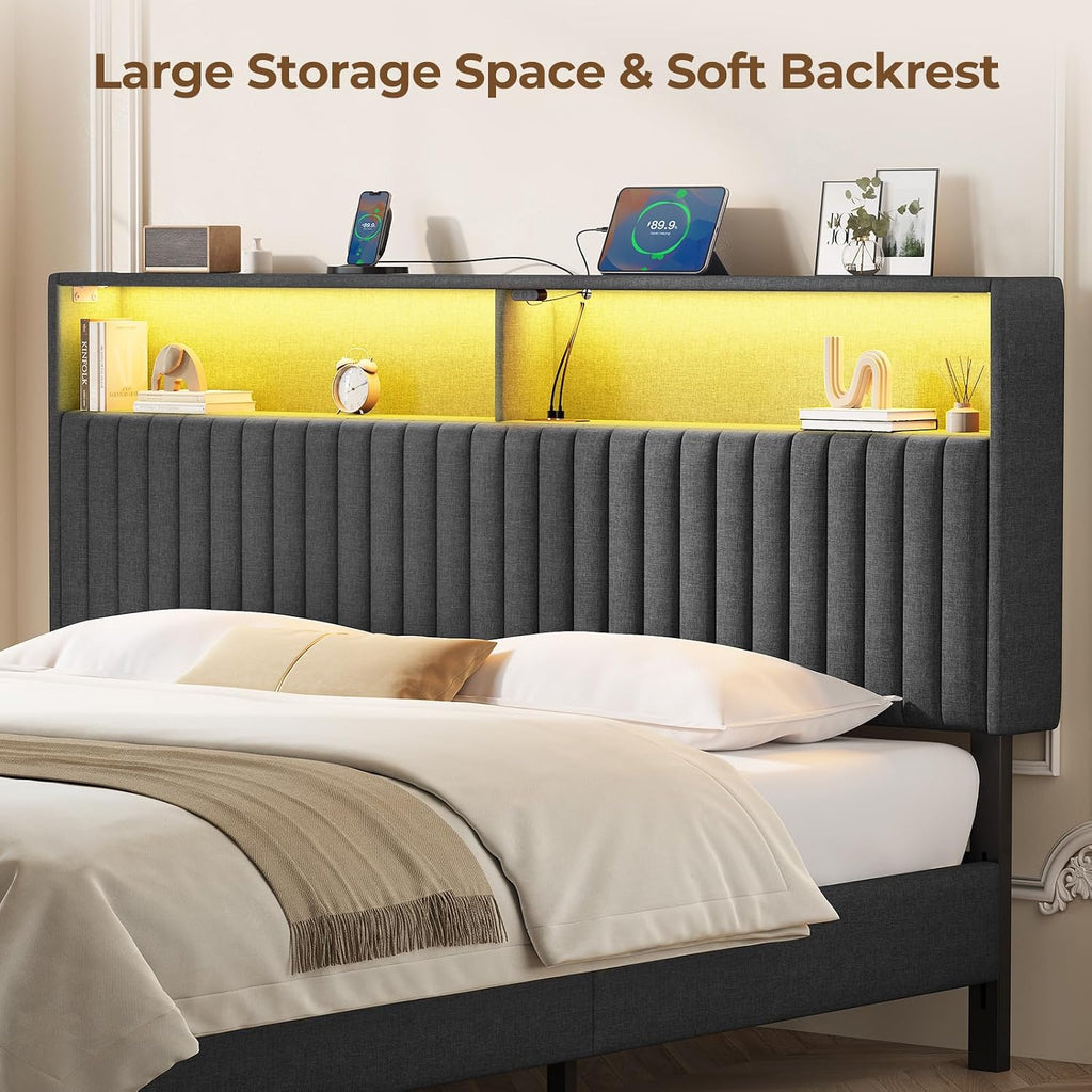 Rolanstar Headboard for King Size Bed with Storage, Head Board with USB & Type C Port, 60,000 DIY Color of LED Light, Velvet Upholstered, Height Adjustable, Sturdy, Easy Assembly, Grey