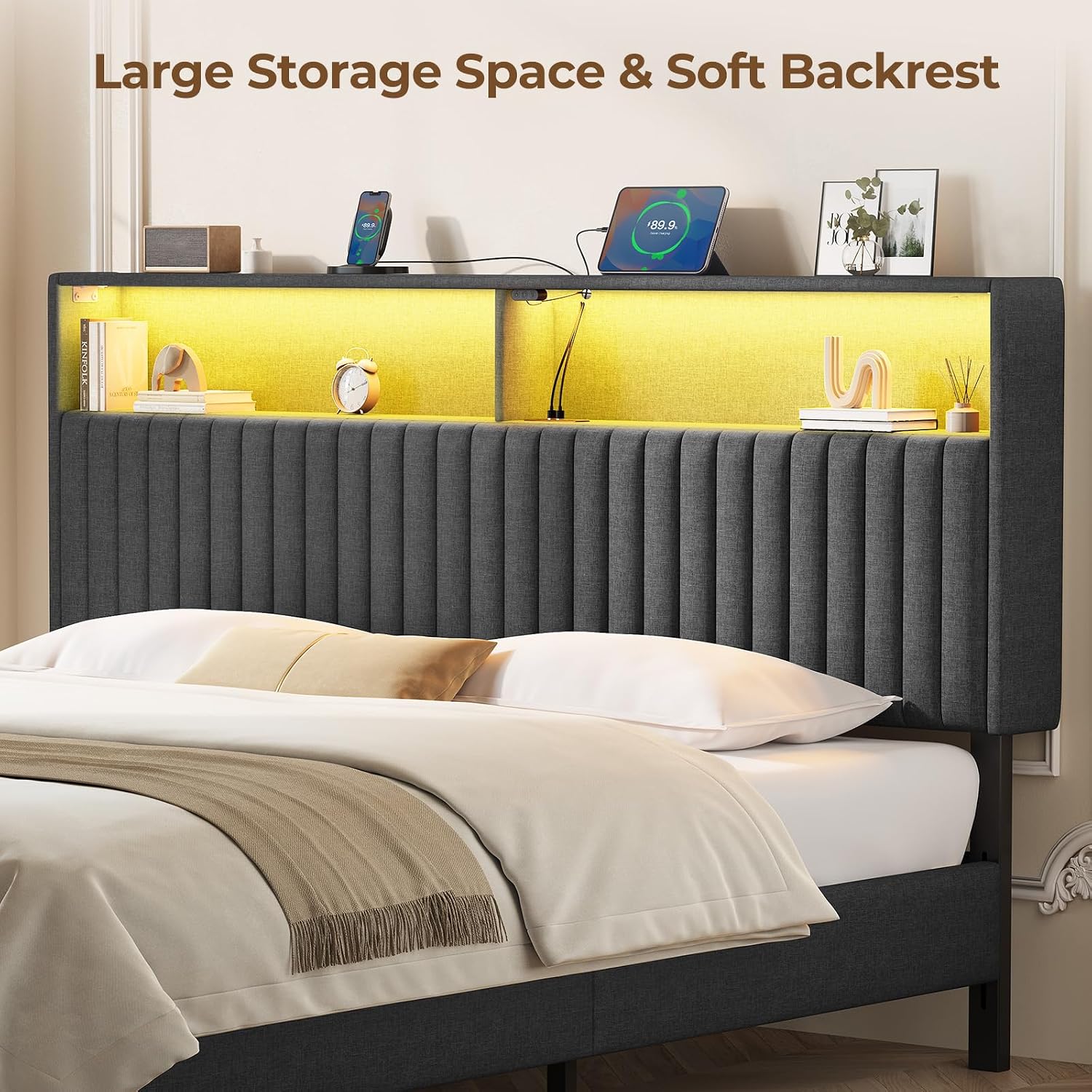Rolanstar Headboard for King Size Bed with Storage, Head Board with USB & Type C Port, 60,000 DIY Color of LED Light, Velvet Upholstered, Height Adjustable, Sturdy, Easy Assembly, Grey