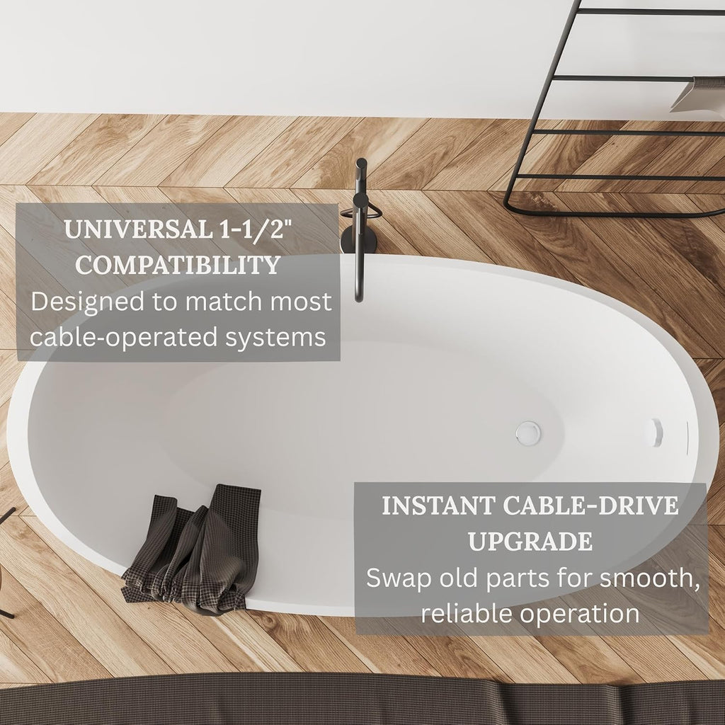 Westbrass D50P27-50 27' Cable Drive Standard Bath Drain Trim Kit with Rotary Overflow Cover Knob, Pop-Up Stopper and Sch. 40 PVC Fittings, Powder Coat White