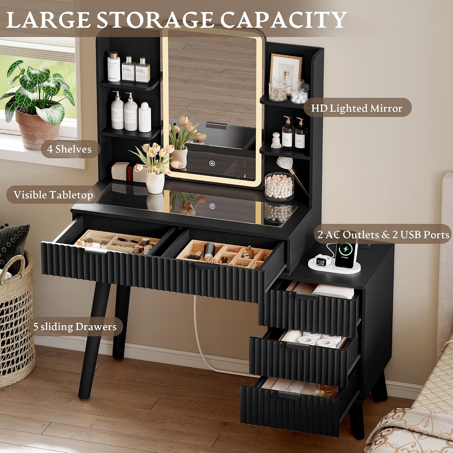 Vanity Desk With HD Lighted Mirror and Lights, Fluted Small Makeup Vanity with Storage Drawers & Shelves, Modern Dressing Table Set with Power Outlet & Glass Table Top for Women Girls Bedroom, Black