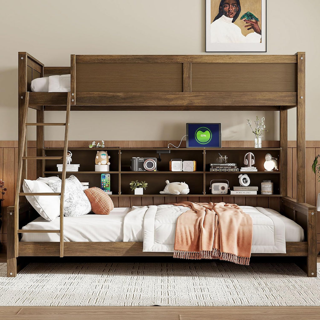 RUNNA Twin XL Over Queen Bunk Bed with Storage Cabinets and USB Ports, Solid Pine Wood Frame, Safety Guard Rails, No Box Spring Needed (Wood1, Twin XL Over Queen)
