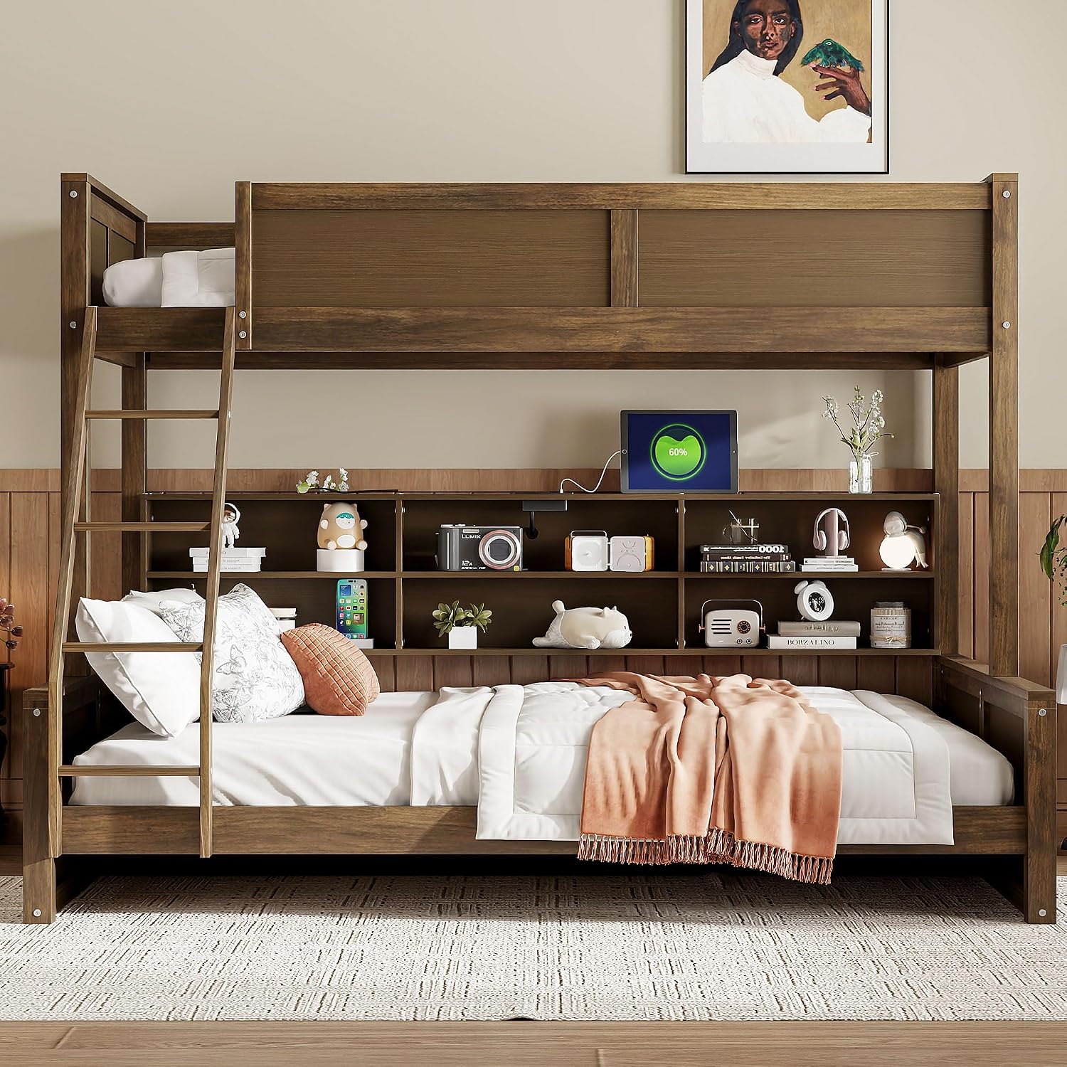 RUNNA Twin XL Over Queen Bunk Bed with Storage Cabinets and USB Ports, Solid Pine Wood Frame, Safety Guard Rails, No Box Spring Needed (Wood1, Twin XL Over Queen)