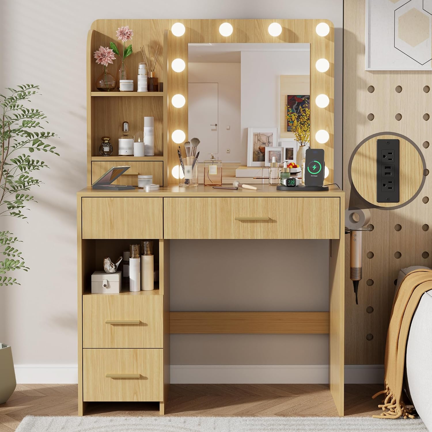 Otterease Vanity Desk with LED Lighted Mirror&Power Outlet, 3 Lighting Colors Makeup Vanity with 5 Large Drawers and 3 Storage Shelves, White Vanity with Storage Stool for Bedroom, Natural(no Stool)