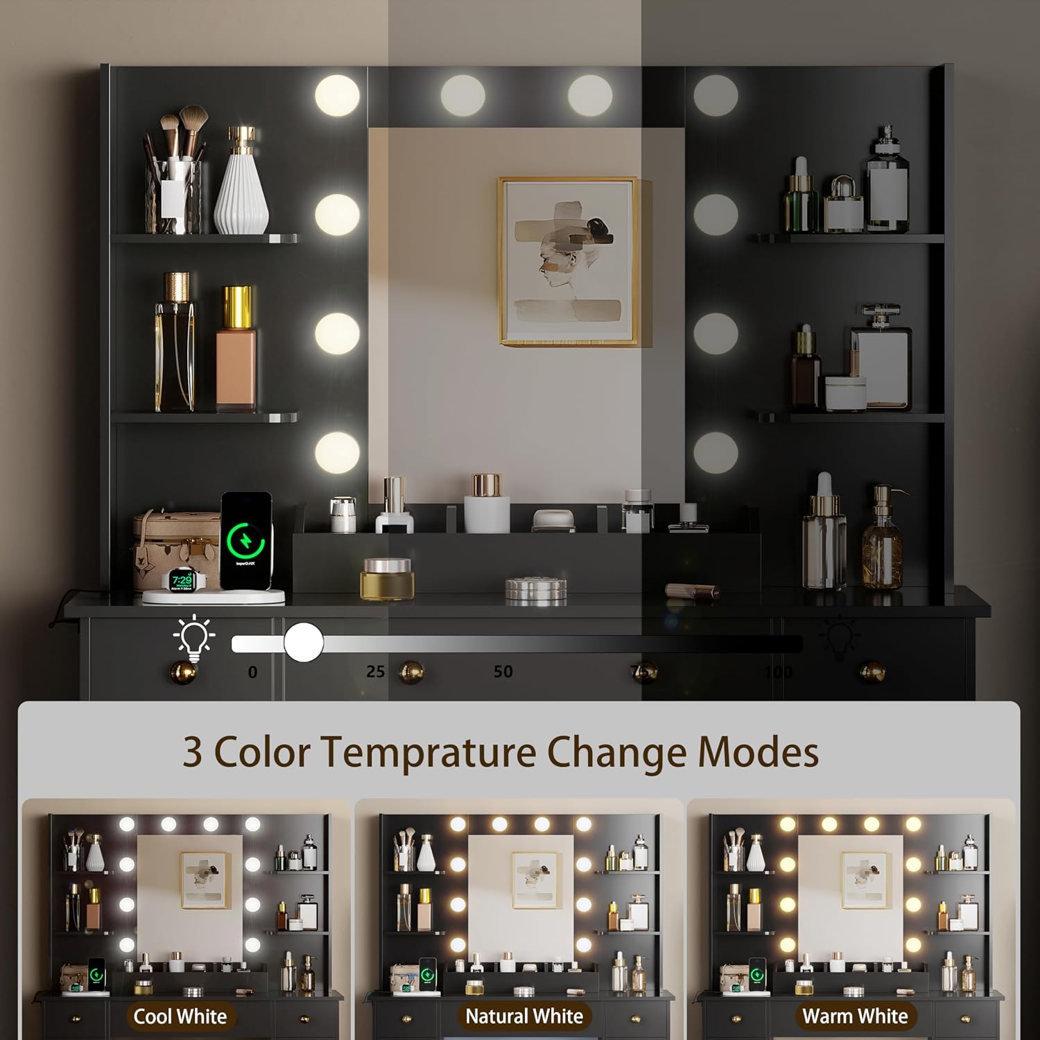 HUANLEGO Vanity Desk with Mirror and Lights, Makeup Vanity with Mirror and LED Lights & Power Outlet, 3 Drawers and Cabinets, 3 Lighting Modes Dressing Table Set for Girls Women Bedroom,Black