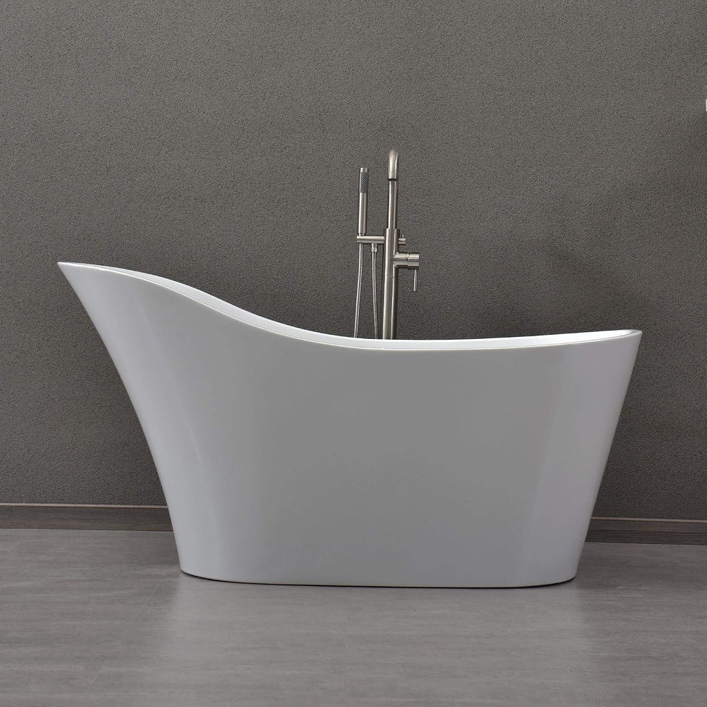 WOODBRIDGE 59' Acrylic Freestanding Bathtub Contemporary Soaking White Tub with Brushed Nickel Overflow and Drain，B0029-B/N-Drain&O