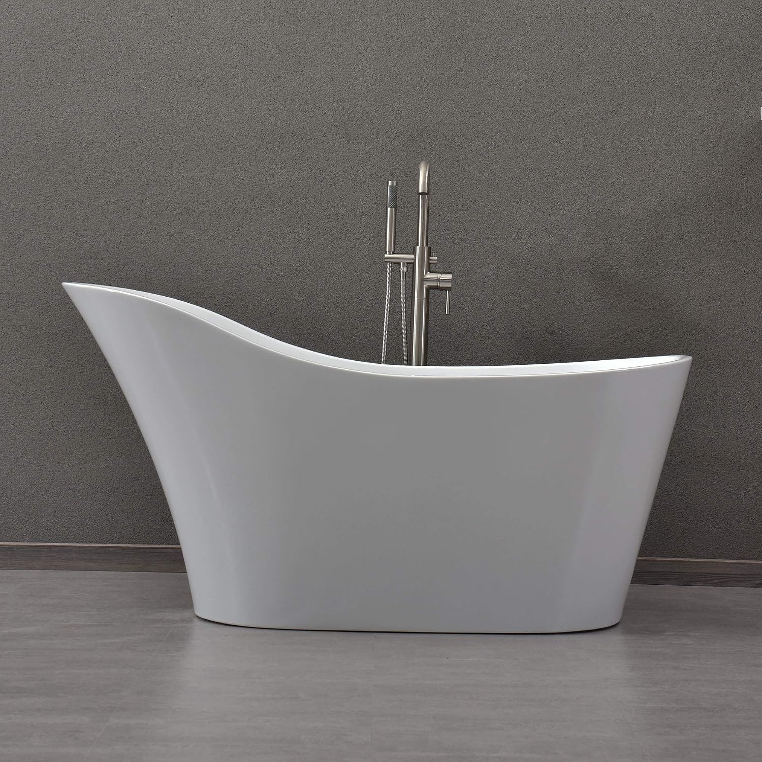 WOODBRIDGE 59' Acrylic Freestanding Bathtub Contemporary Soaking White Tub with Brushed Nickel Overflow and Drain，B0029-B/N-Drain&O