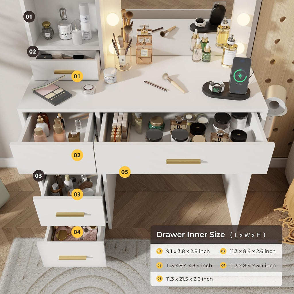 Otterease Vanity Desk with LED Lighted Mirror&Power Outlet, 3 Lighting Colors Makeup Vanity with 5 Large Drawers and 3 Storage Shelves, Vanity with Storage Stool for Bedroom, White