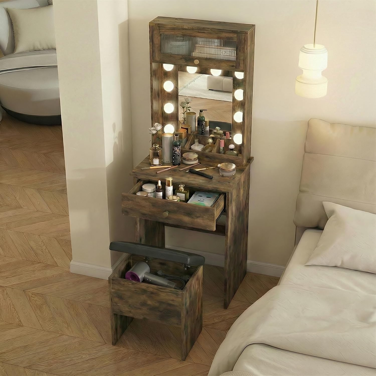 ARTETHYS Small Vanity Desk with Mirror and Lights Rustic Small Makeup Vanity with Storage Chair Mini Makeup Table Set for Bedroom Compact Dressing Table with RGB Lights for Tiny Space