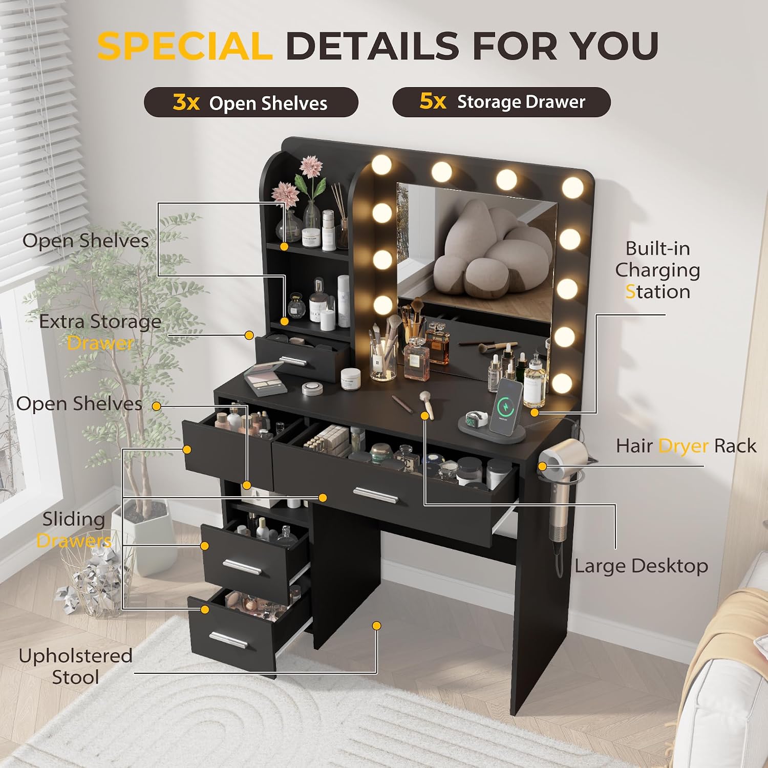 Otterease Vanity Desk with LED Lighted Mirror&Power Outlet, 3 Lighting Colors Makeup Vanity with 5 Large Drawers and 3 Storage Shelves, Vanity with Storage Stool for Bedroom, Black