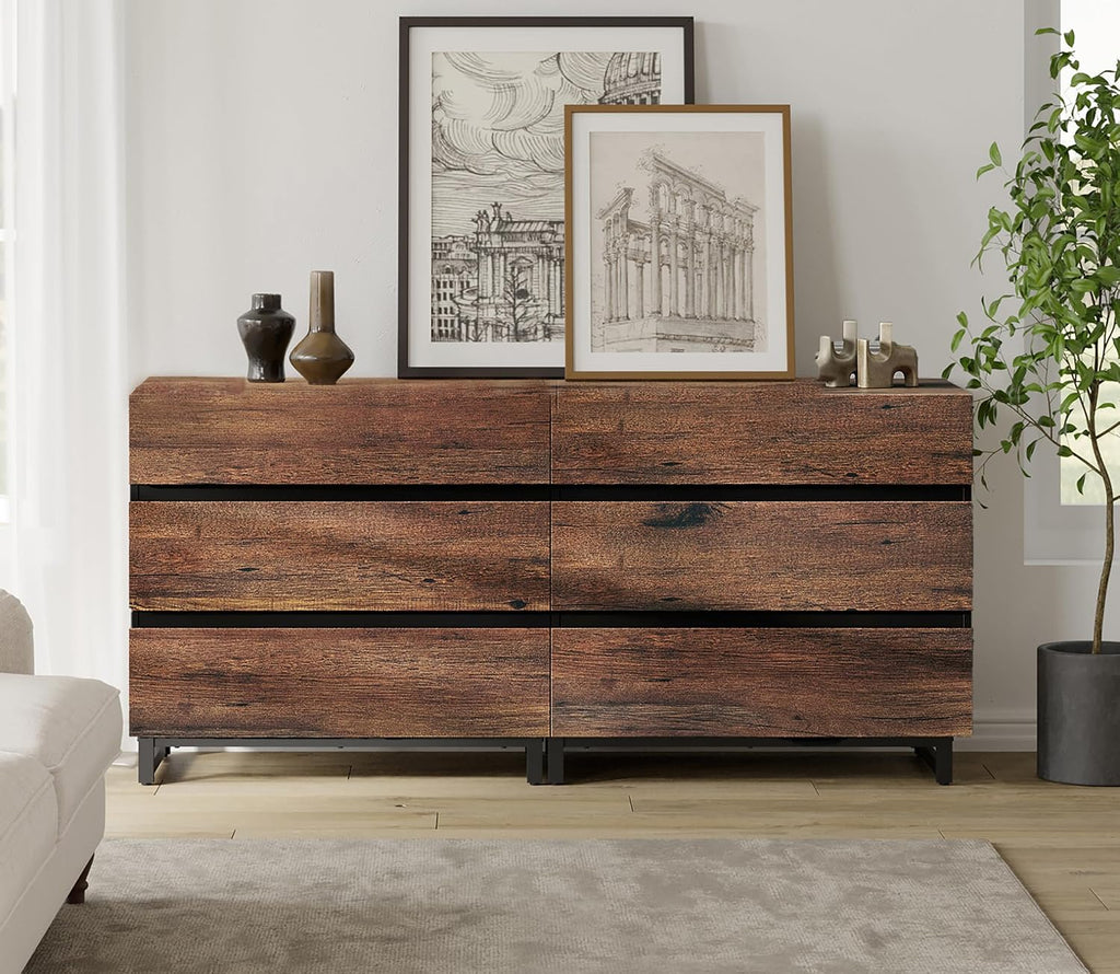 WAMPAT 3-Piece Modern Bedroom Furniture Set, 63-Inch Dresser with 6 Drawers and 2 Nightstands Featuring Drawer and Cabinet Design, Bedroom Set of 3, Brown