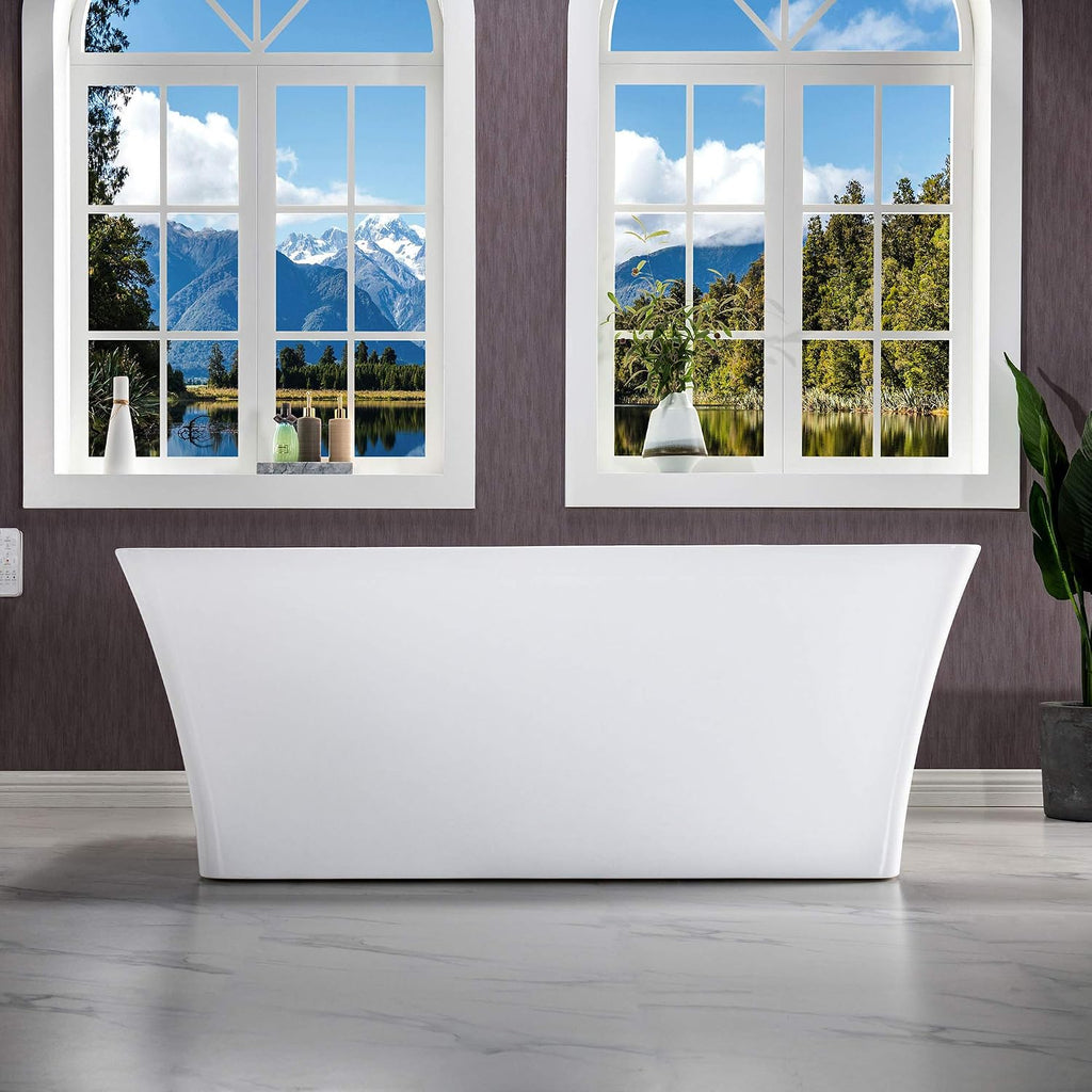 WOODBRIDGE 59' Acrylic Freestanding Bathtub Contemporary Soaking White Tub with Oil Rubbed Bronze Overflow and Drain，BTA1509 -ORB-Drain &O
