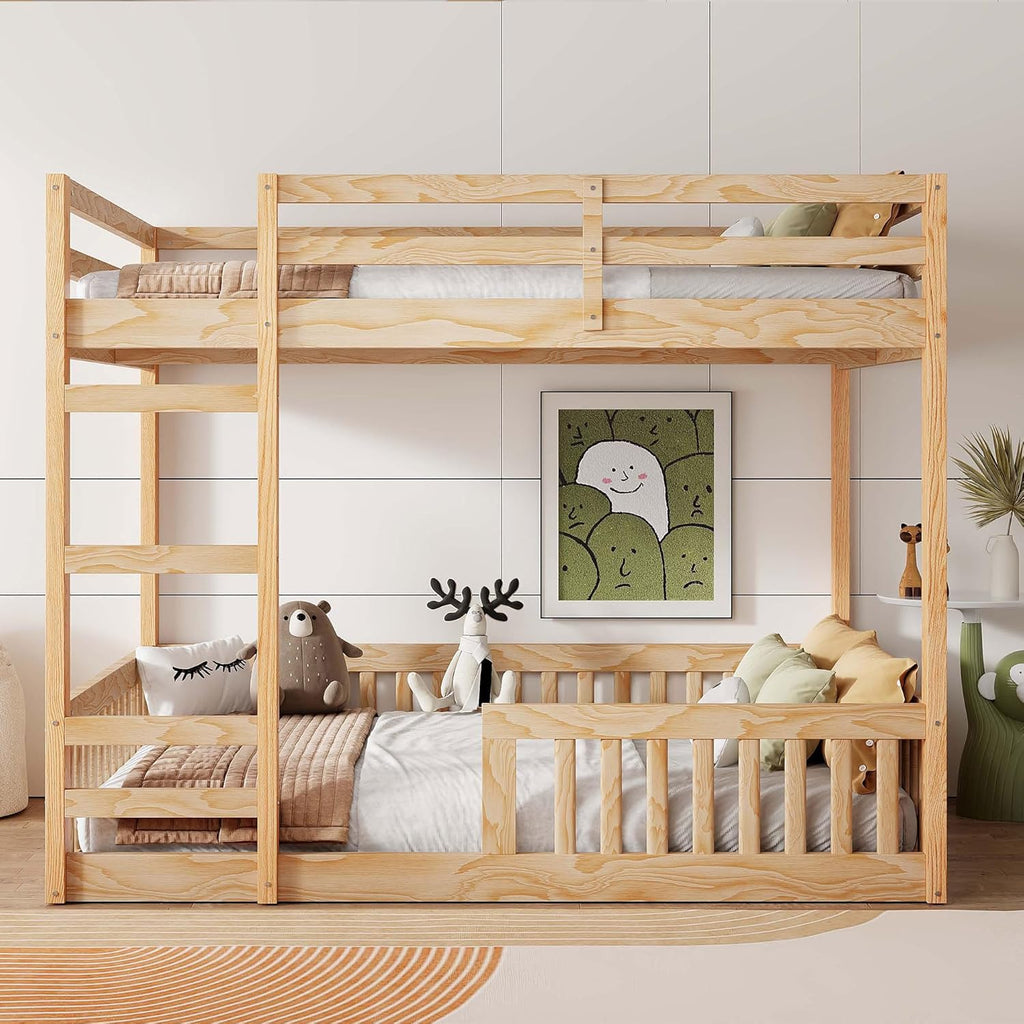 Stylish Full Over Full Wood Bunk Bed with Ladder and Guardrails,Ideal for Bedrooms, Guest Rooms, Dormitories, No Box Spring Needed (Natural/FF)