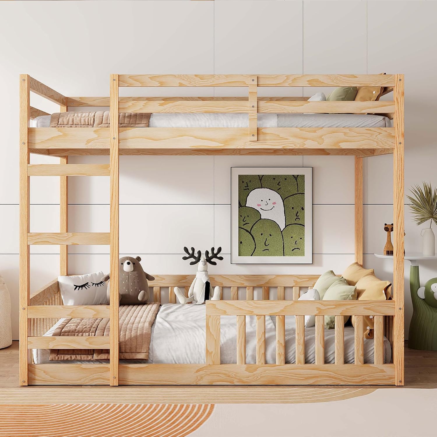 Stylish Full Over Full Wood Bunk Bed with Ladder and Guardrails,Ideal for Bedrooms, Guest Rooms, Dormitories, No Box Spring Needed (Natural/FF)